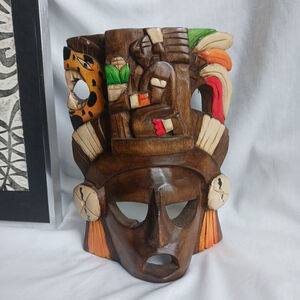 Vintage Hand Carved Wood Mexican Mayan Aztec Jaguar Mask
